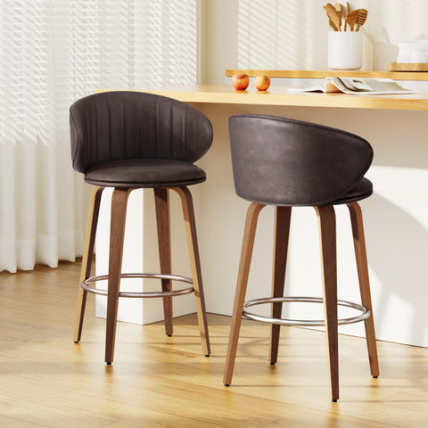 2x Bar Stools Dining Chairs Contoured Leather Wood Stool