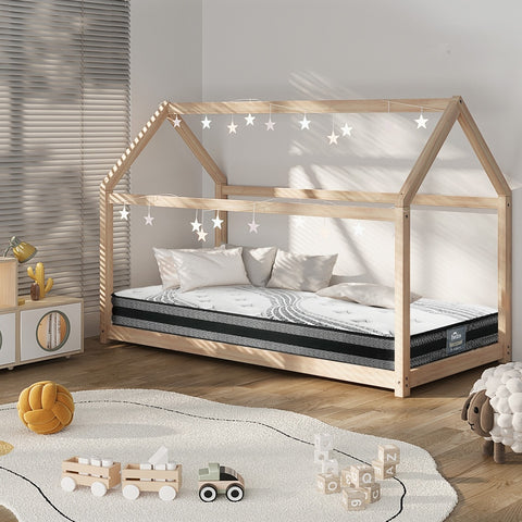 Kids Bed Frame With Single Mattress Set House Style Wooden
