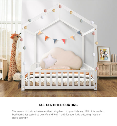 Kids Wooden Bed Frame House Beds Platform Double White Timber Pine
