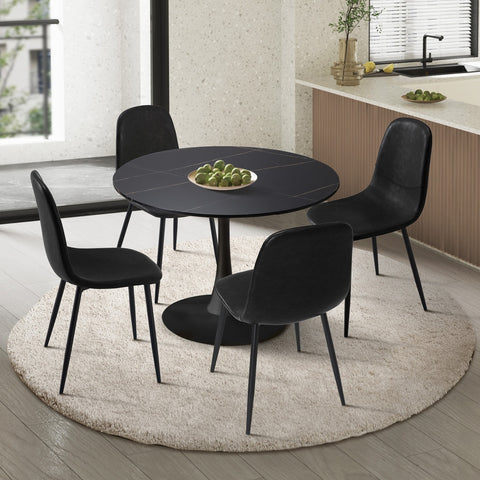 90cm Round Dining Table with 4x Dining Chairs PU Leather Black