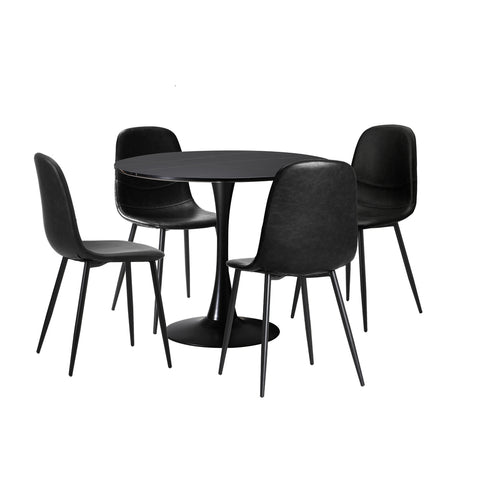 90cm Round Dining Table with 4x Dining Chairs PU Leather Black