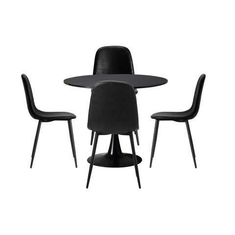 90cm Round Dining Table with 4x Dining Chairs PU Leather Black