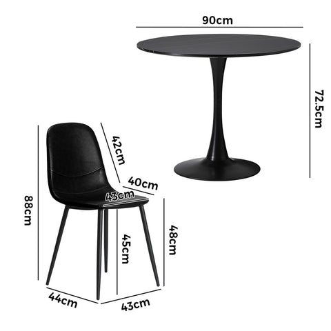 90cm Round Dining Table with 4x Dining Chairs PU Leather Black
