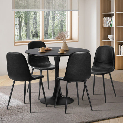 90cm Round Dining Table with 4x Dining Chairs PU Leather Black