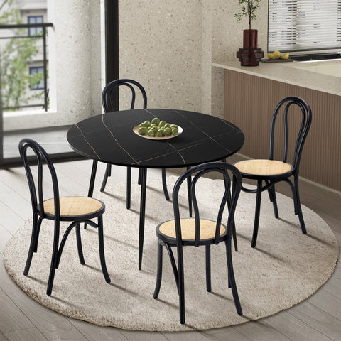 110cm Round Dining Table with 4PCS Dining Chairs Solid Wooden Black