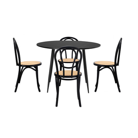 110cm Round Dining Table with 4PCS Dining Chairs Solid Wooden Black