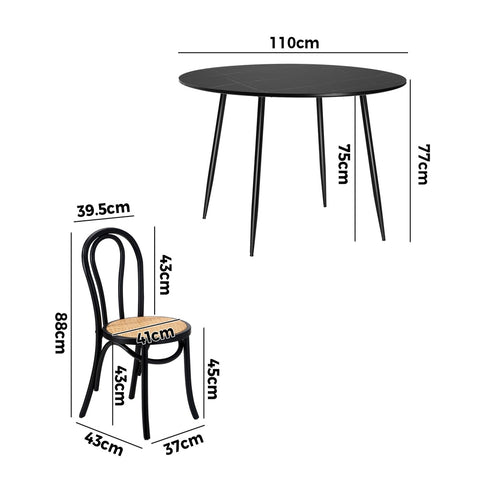 110cm Round Dining Table with 4PCS Dining Chairs Solid Wooden Black