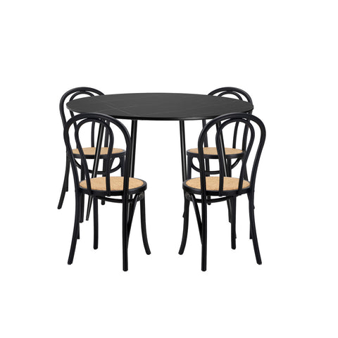 110cm Round Dining Table with 4PCS Dining Chairs Solid Wooden Black