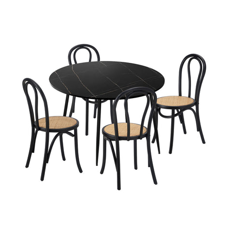 110cm Round Dining Table with 4PCS Dining Chairs Solid Wooden Black
