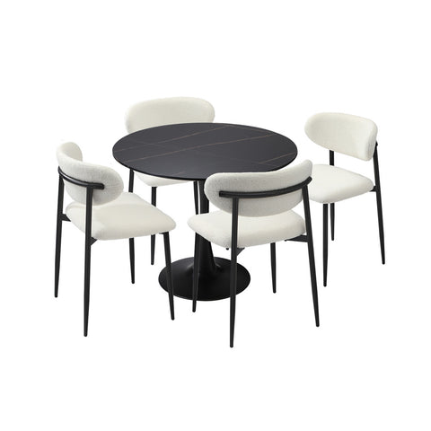 90cm Round Dining Table with 4x Dining Chairs Boucle Black&White