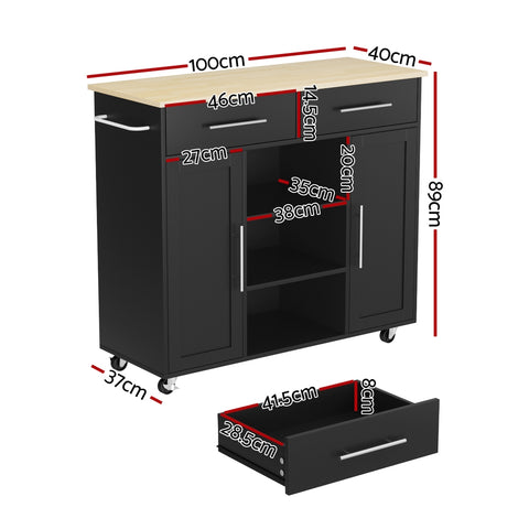 Kitchen Island Trolley Rolling Serving Cart Storage Drawer Cabinet 100cm Black