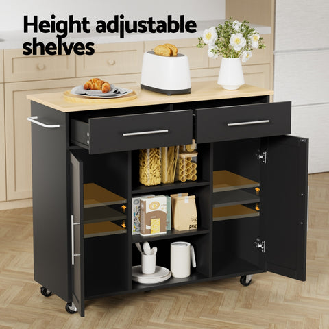 Kitchen Island Trolley Rolling Serving Cart Storage Drawer Cabinet 100cm Black
