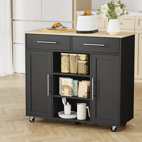 Kitchen Island Trolley Rolling Serving Cart Storage Drawer Cabinet 100cm Black