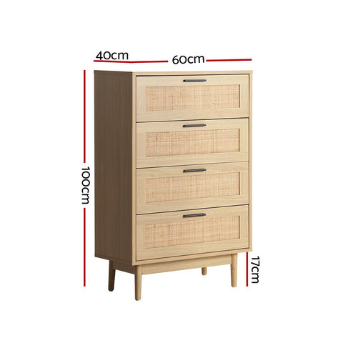4 Chest of Drawers Rattan Tallboy Pine - BRIONY