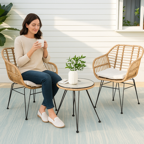 Gardeon 3PC Outdoor Furniture Bistro Set Lounge Setting Table Chairs Cushion Patio Natural