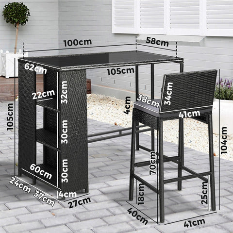Livsip Outdoor Bar Table Stools Set Rattan 3 Piece
