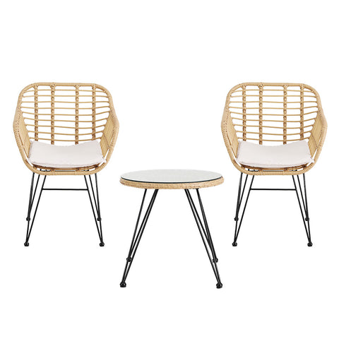 Gardeon 3PC Outdoor Furniture Bistro Set Lounge Setting Table Chairs Cushion Patio Natural
