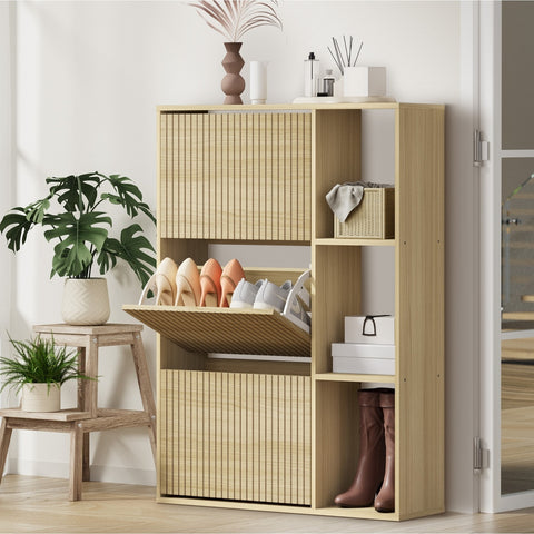Shoe Rack Storage Cabinet with Display Shelves Natural