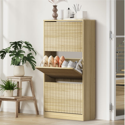Shoe Rack Storage Cabinet 3 Compartments Natural
