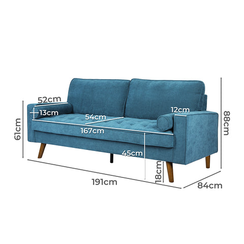 Levede Fabric Sofa Armchair 3 Seater Couch Blue 191cm Wide-1864184596522995714