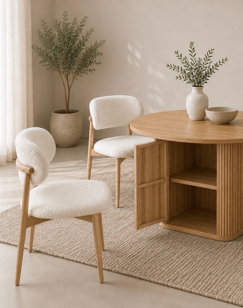 Giulia 5pcs Round Dining Table & 4x White Boucle Chairs