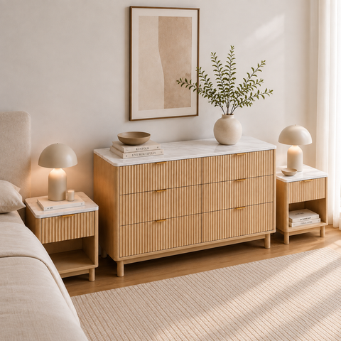 Daisy 3pcs Bedroom Set with Marble-Look 6-Drawer Chest & 2 Bedside Tables