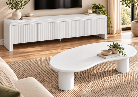 Holly Curved Fluted White Tv Unit 180cm and Coffee Table