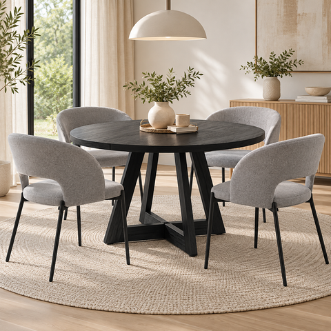 Marlow 5pcs Dining Set with 120cm Black Round Table & 4 Grey Fabric Chairs