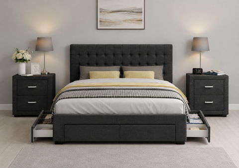 Cody 3pcs King Bedroom Set with Storage Bed & 2 Bedside Tables – Charcoal