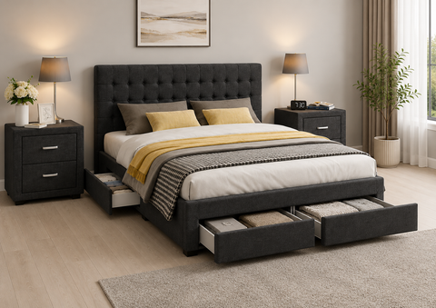 Cody 3pcs King Bedroom Set with Storage Bed & 2 Bedside Tables – Charcoal