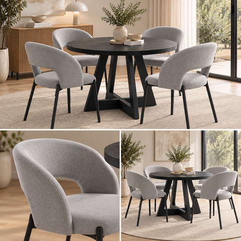 Marlow 5pcs Dining Set with 120cm Black Round Table & 4 Grey Fabric Chairs