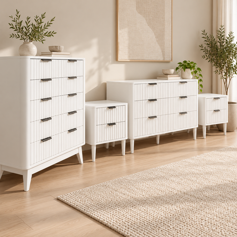 Sienna 4pcs Fluted White Bedroom Set with Dresser, Tallboy & 2 Bedsides