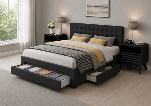 Bed Frame Queen Size with 4 Drawers Charcoal