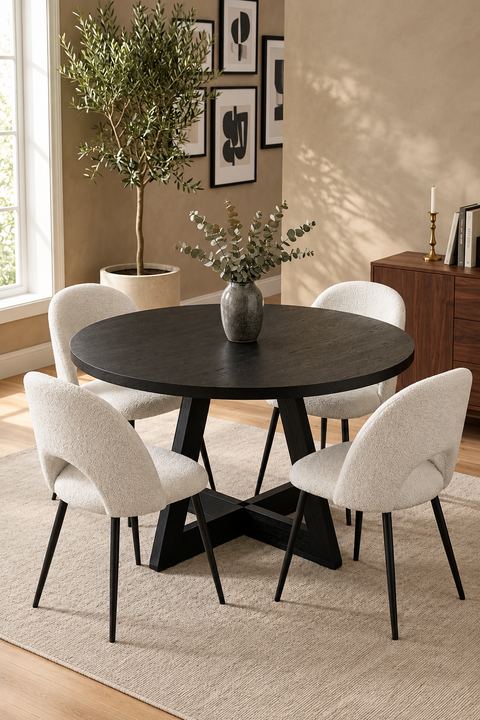 Marlow 5pcs 120cm Dining Set Black and White Boucle Chairs
