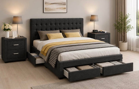 Cody 3pcs King Bedroom Set with Storage Bed & 2 Bedside Tables – Charcoal