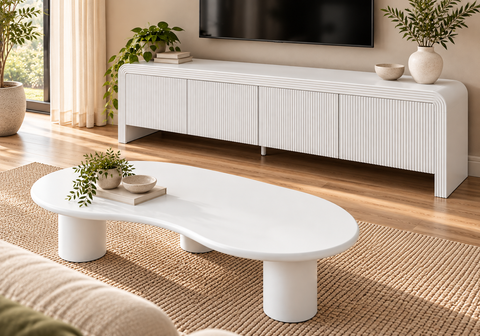 Holly Curved Fluted White Tv Unit 180cm and Coffee Table