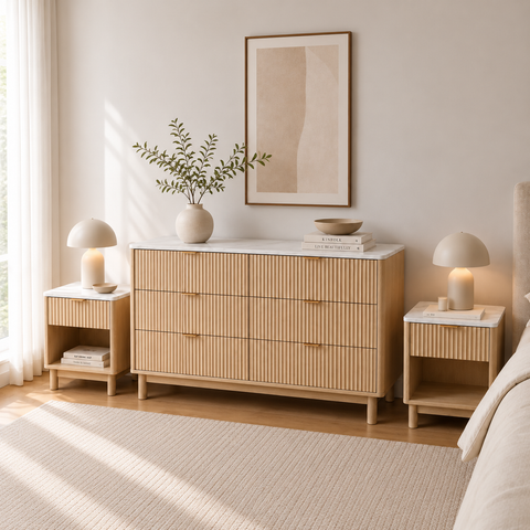Daisy 3pcs Bedroom Set with Marble-Look 6-Drawer Chest & 2 Bedside Tables