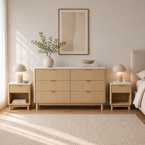 Daisy 3pcs Bedroom Set with Marble-Look 6-Drawer Chest & 2 Bedside Tables