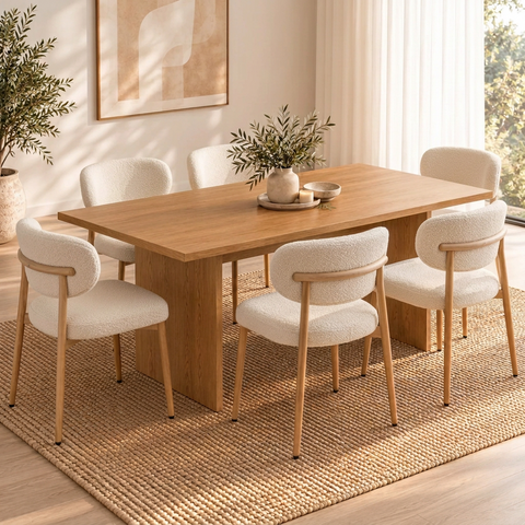 Jasmine 7Pcs Dining Set with 180cm Oak Rectangular Table & Six White Boucle Chairs