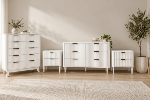 Sienna 4pcs Fluted White Bedroom Set with Dresser, Tallboy & 2 Bedsides