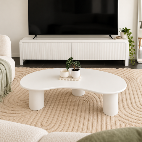 Holly Curved Fluted White Tv Unit 180cm and Coffee Table