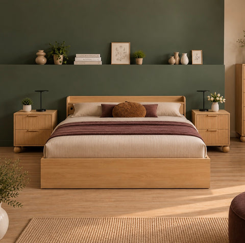 Aura 3Pcs Queen Bedroom Set with Storage and 2x Fluted Bedsides
