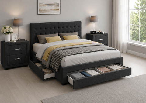 Cody 3pcs King Bedroom Set with Storage Bed & 2 Bedside Tables – Charcoal