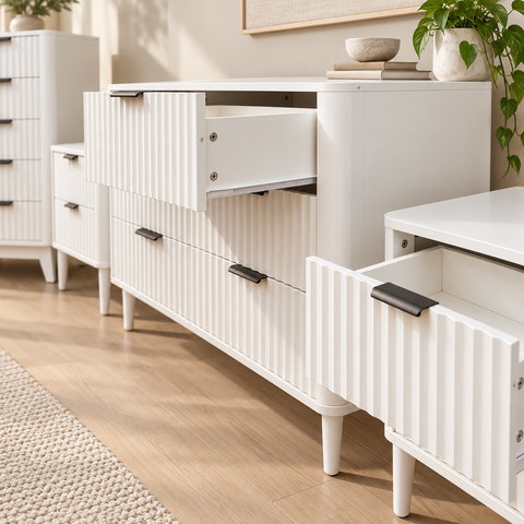 Sienna 4pcs Fluted White Bedroom Set with Dresser, Tallboy & 2 Bedsides
