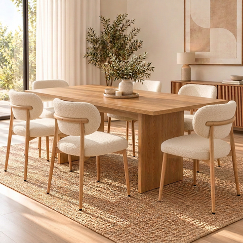 Jasmine 7Pcs Dining Set with 180cm Oak Rectangular Table & Six White Boucle Chairs