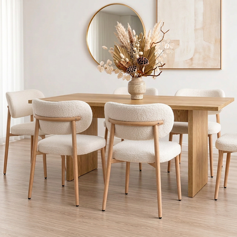 Jasmine 7Pcs Dining Set with 180cm Oak Rectangular Table & Six White Boucle Chairs