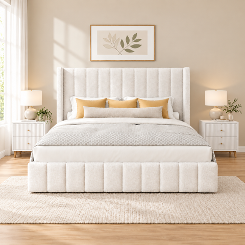 Alex Bed Frame Queen Size Gas Lift Base Boucle Fabric White