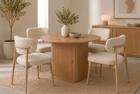 Giulia 5pcs Round Dining Table & 4x White Boucle Chairs