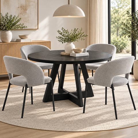 Marlow 5pcs Dining Set with 120cm Black Round Table & 4 Grey Fabric Chairs