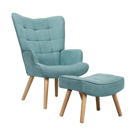 Armchair with Footstool Fabric Blue